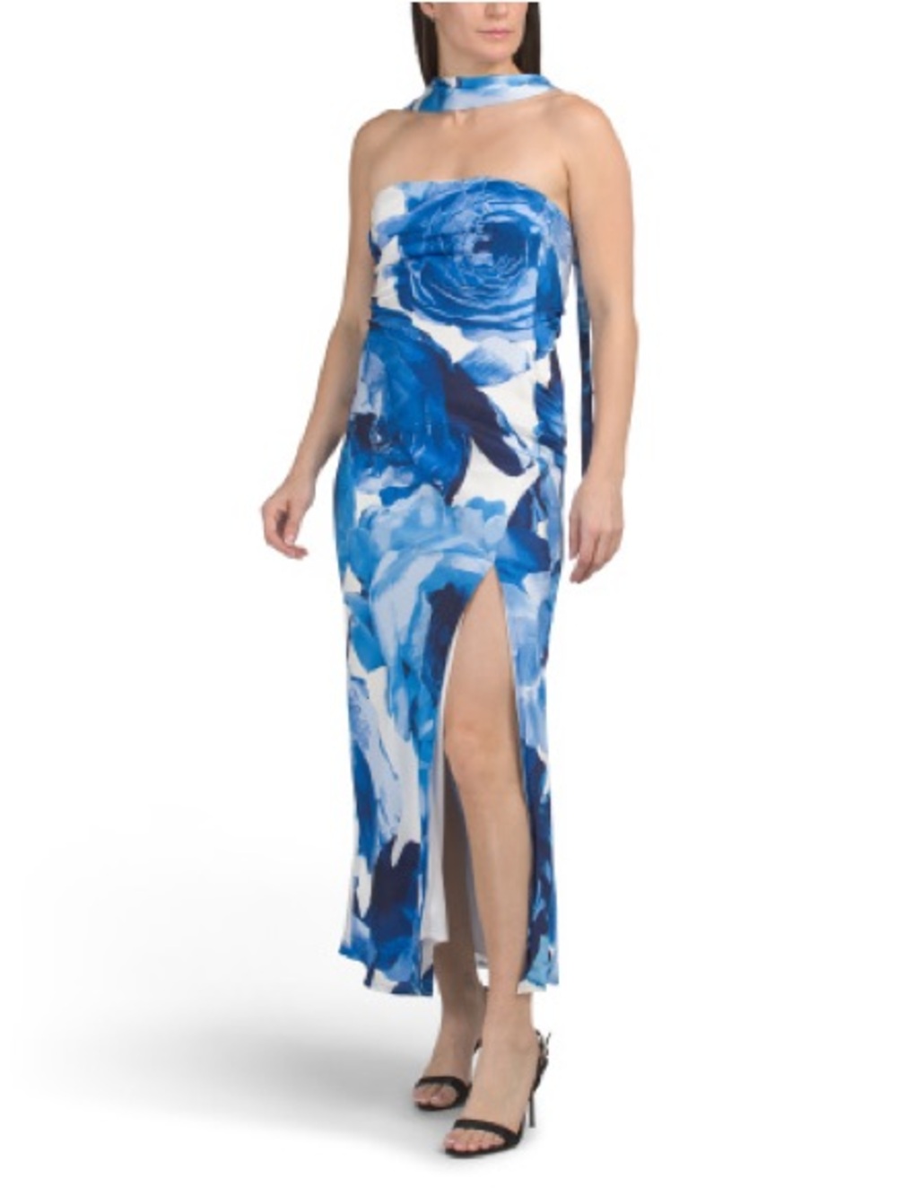 Thirty Thirty Blue Floral Strapless Maxi Dress with Side Slit